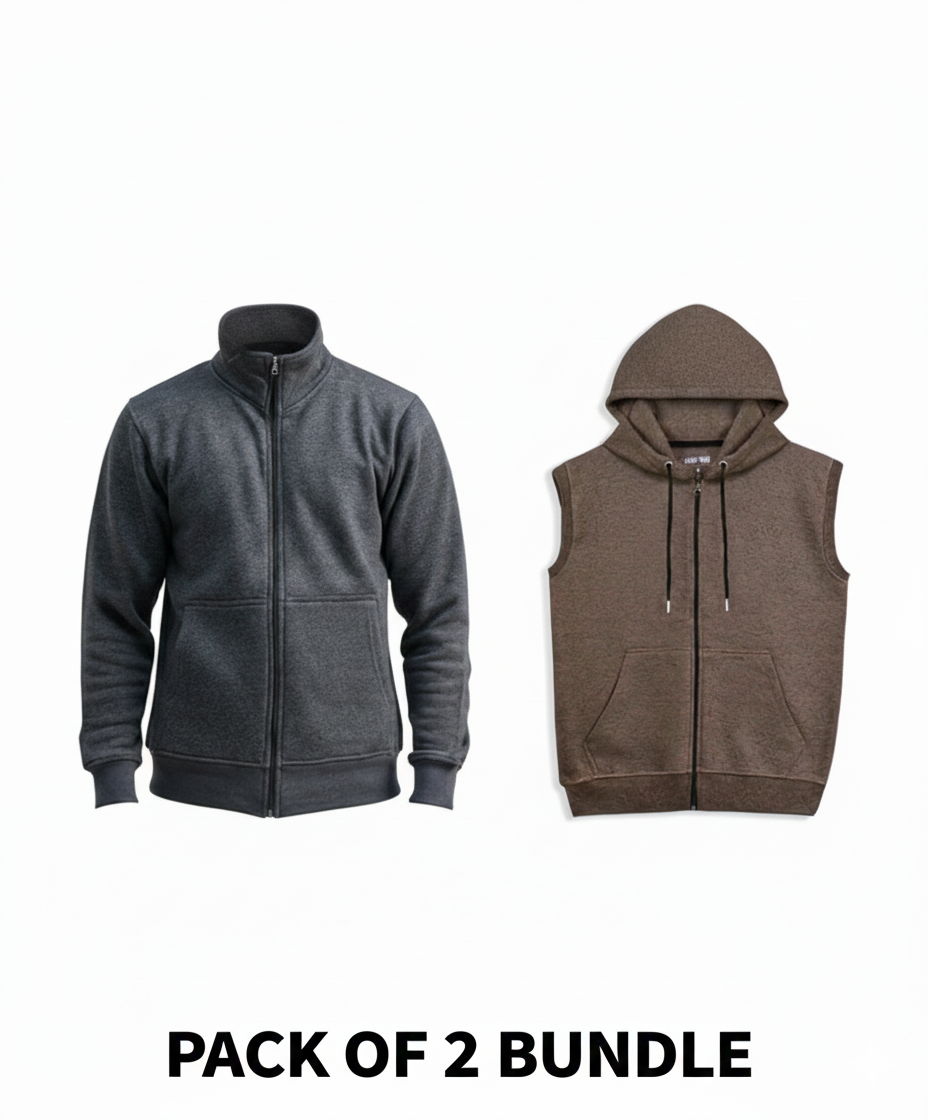 PACK OF 2 Dark Grey Zipper & Brown Sleeveless Hoodie