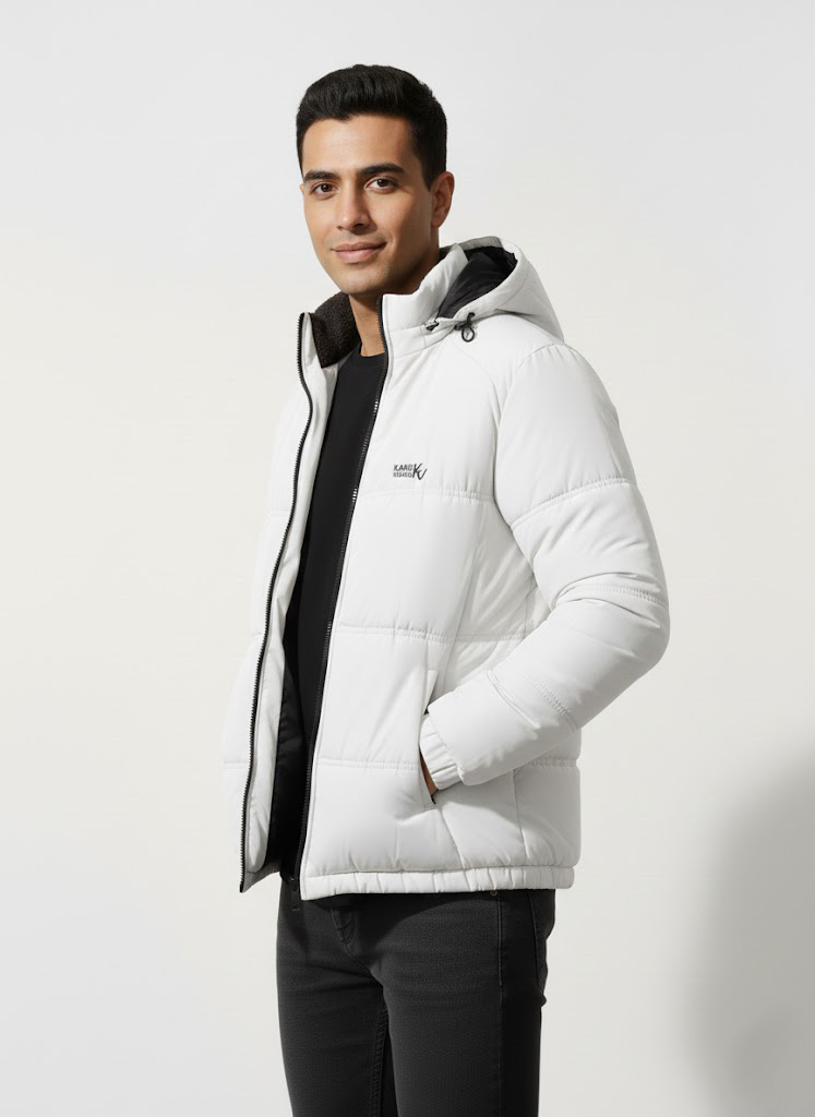 Ash White Full Sleeves Puffer Jacket