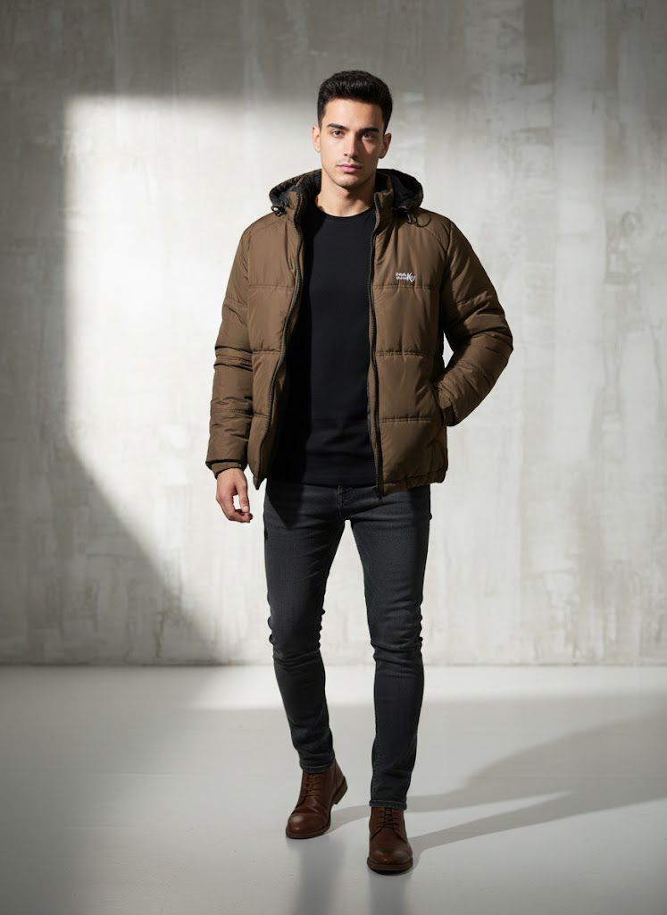 Dark Brown Full Sleeves Puffer Jacket